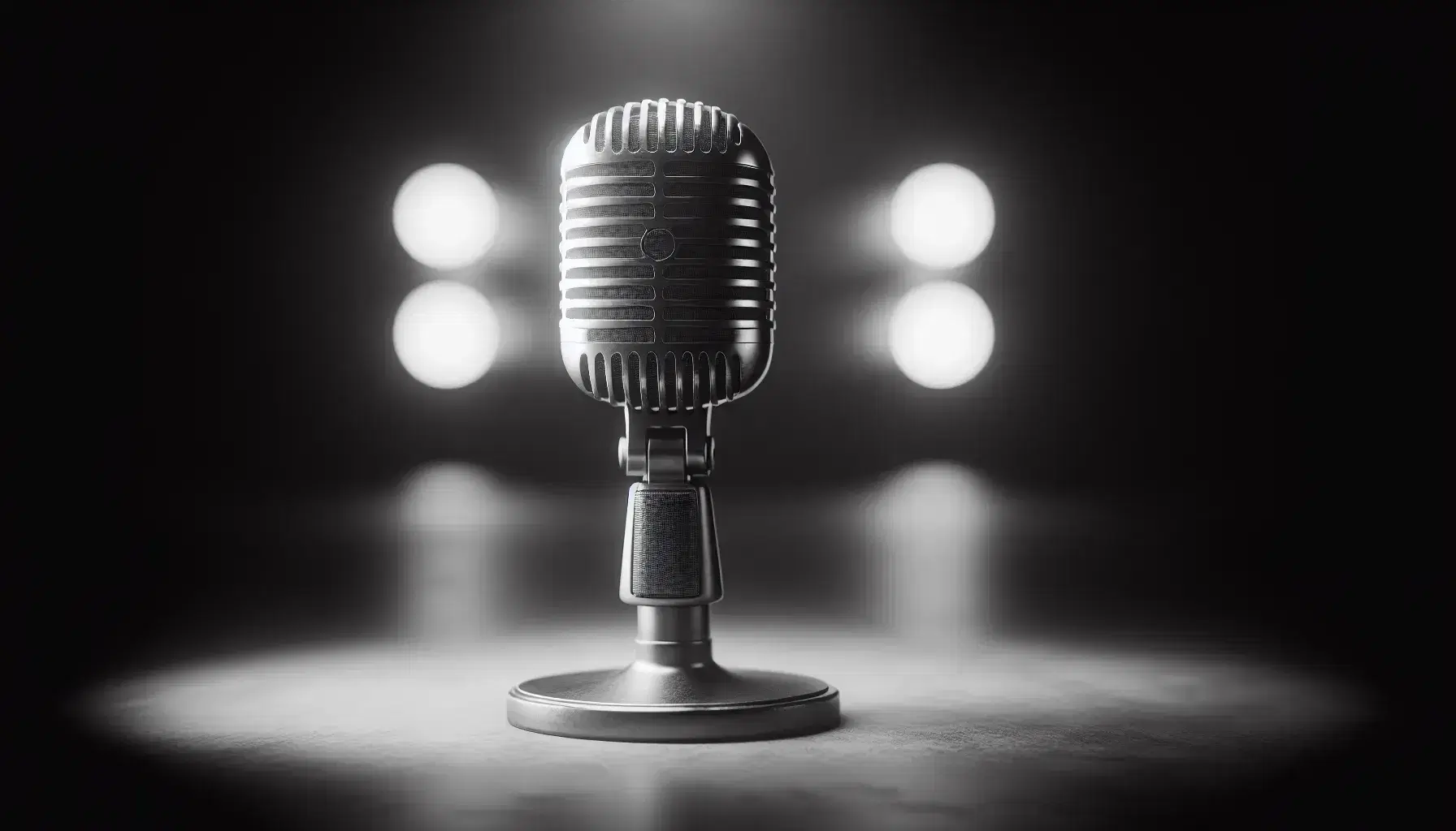 Vintage 1930s ribbed microphone on a round base, set against a softly lit stage backdrop, highlighting its metallic texture and historical significance in vocal performance.