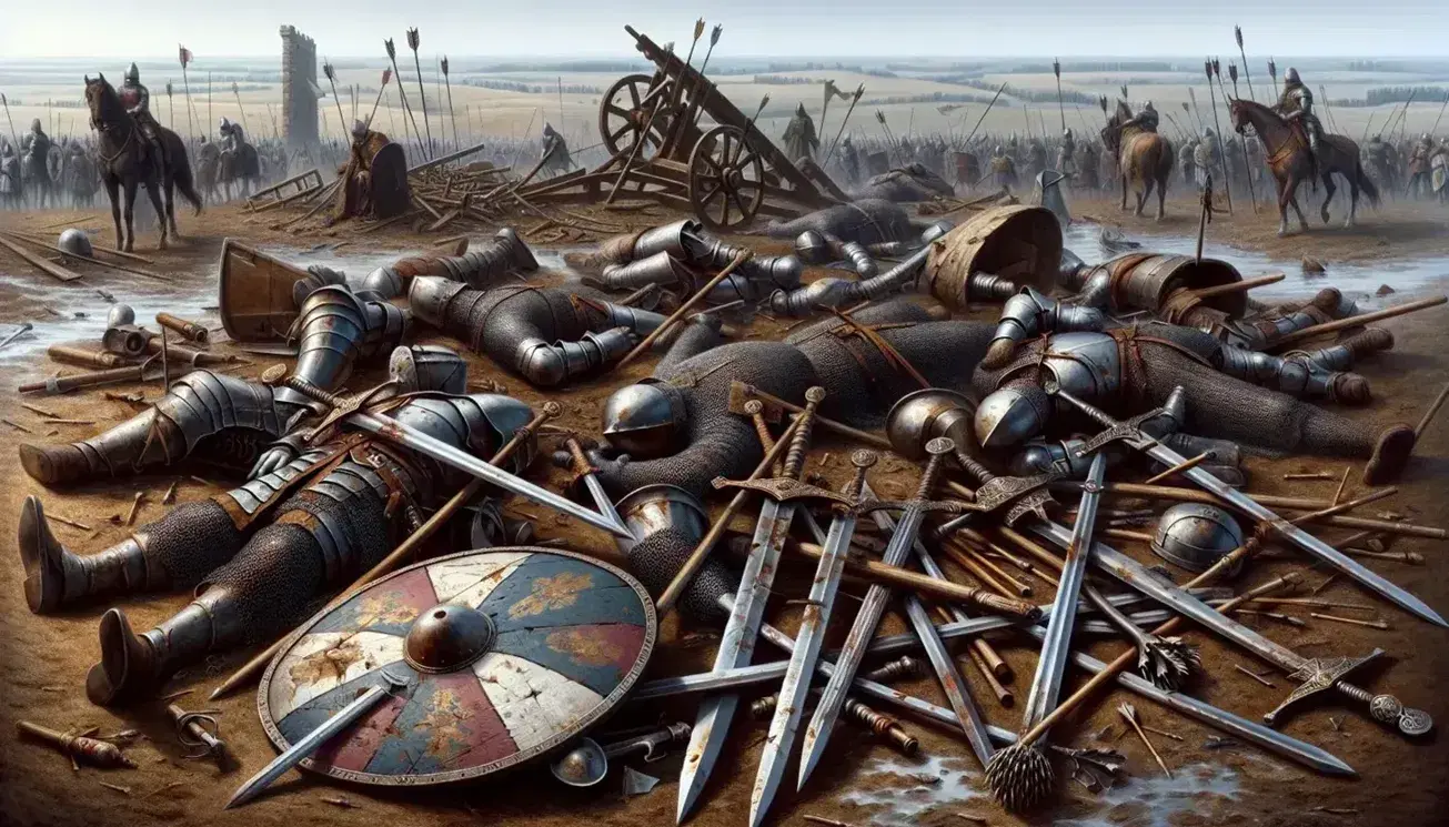 Medieval battlefield aftermath with scattered weapons, fallen knights in chainmail, and distant siege engines against a stark, tree-dotted landscape.