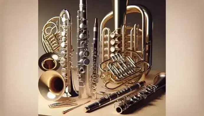 Strumenti a fiato assortiti su sfondo neutro: flauto, clarinetto, tromba, corno francese parzialmente visibile e oboe in primo piano con sax di sfondo.
