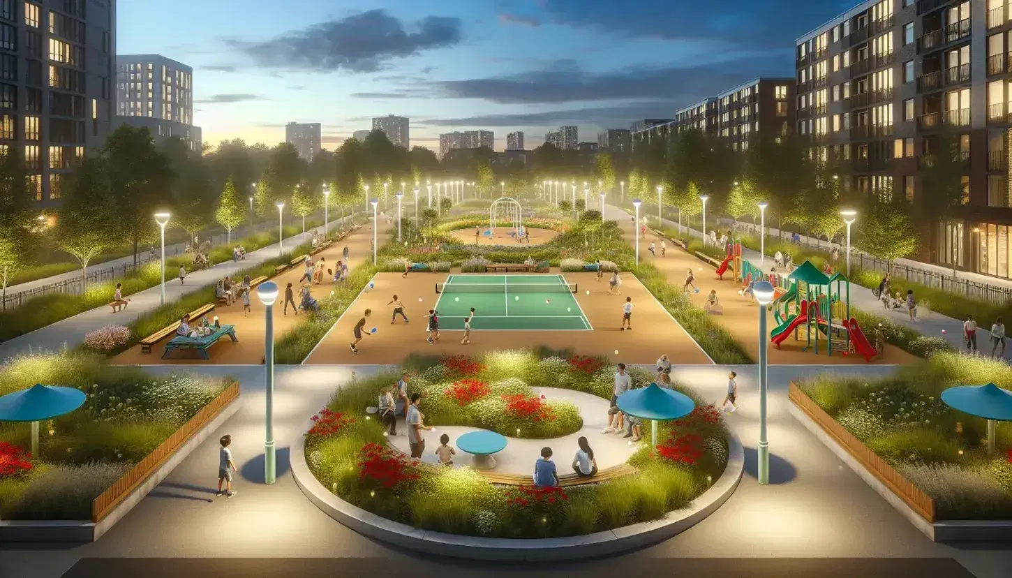 Urban park at dusk with red and yellow flowers, children's games, ping-pong table and community garden, surrounded by houses.