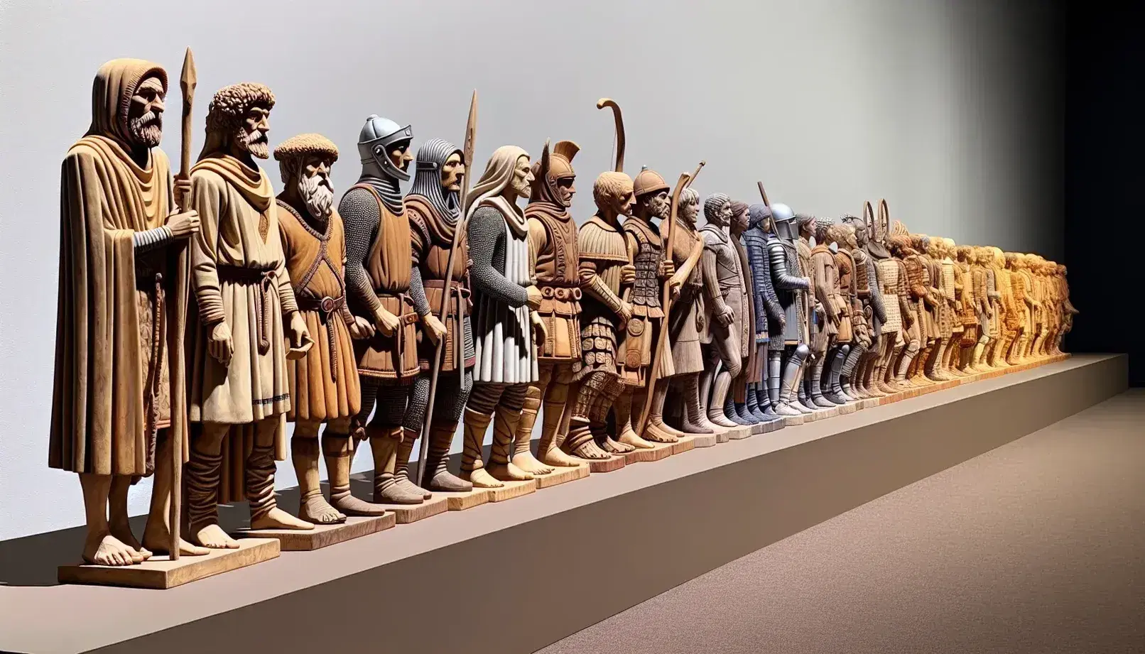 Línea de tiempo tridimensional con figuras humanas que evolucionan desde la Edad Antigua hasta la Contemporánea, mostrando cambios en vestimenta y tecnología.