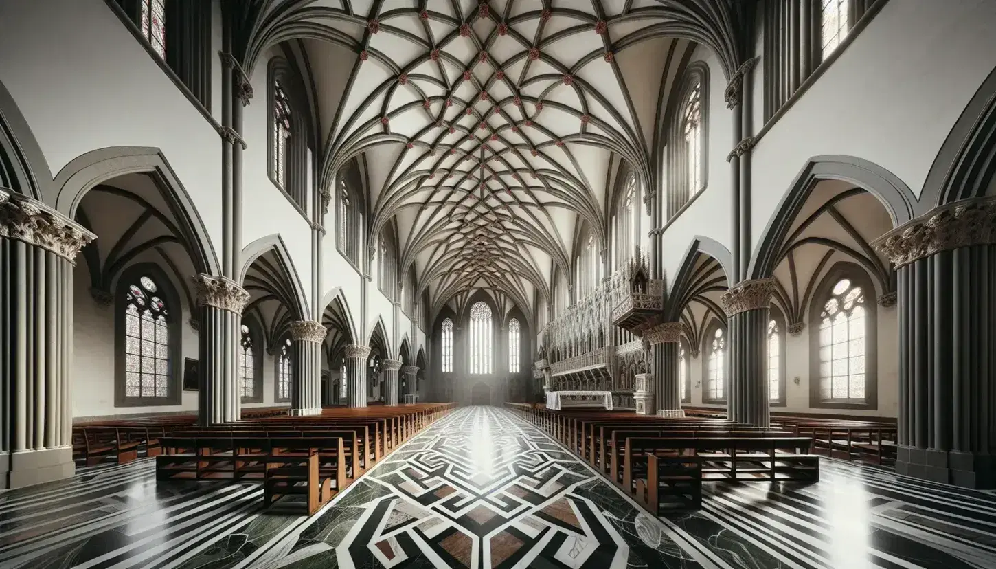 Interno della basilica di Santa Maria Novella a Firenze, con archi gotici, vetrate luminose, marmi colorati e banchi in legno scuro.