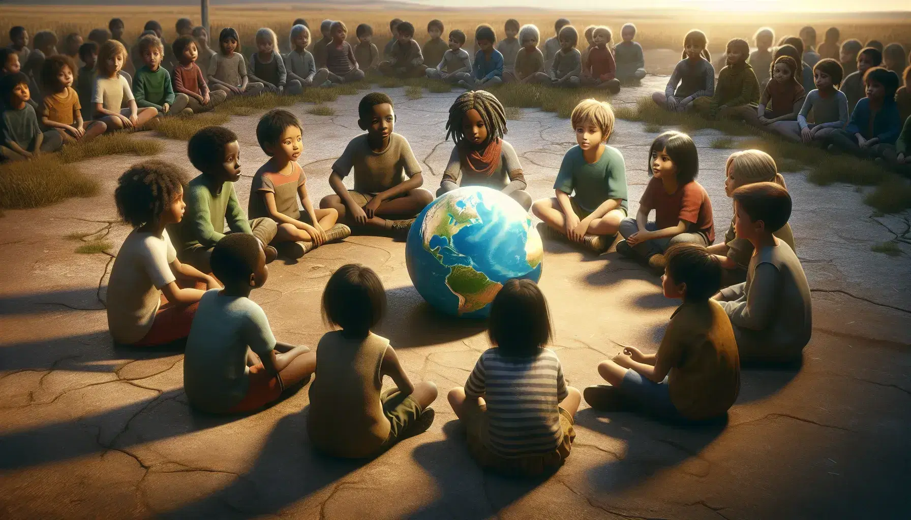 Bambini di diverse etnie seduti in cerchio attorno a un globo terrestre, esplorando con interesse la geografia in un ambiente naturale al tramonto.
