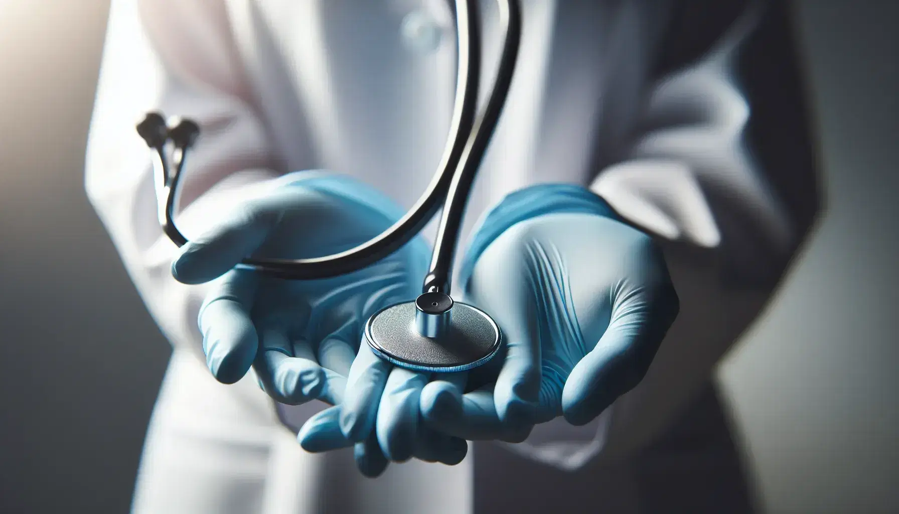 Manos de enfermera con guantes azules sosteniendo un estetoscopio listo para uso, con fondo desenfocado de uniforme blanco y luz suave.