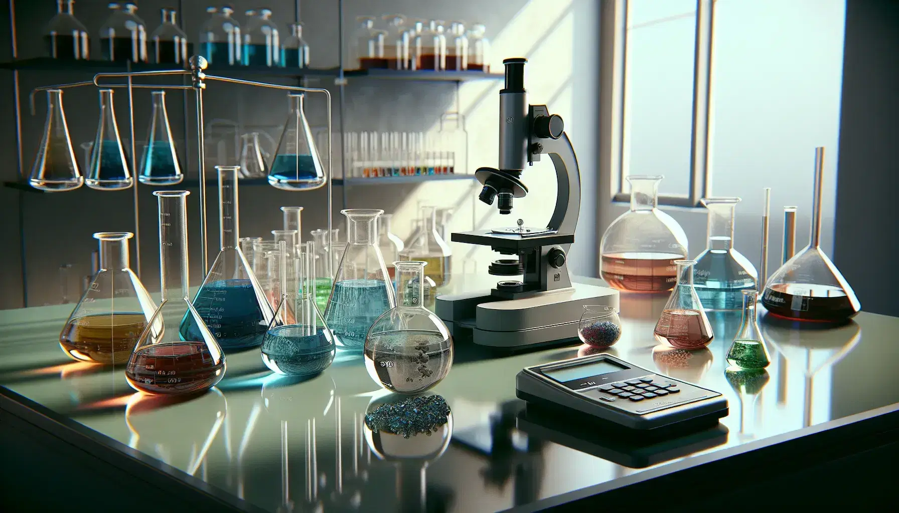 Laboratory with glass table, assortment of scientific glassware, microscope, digital balance and colored samples in flasks.