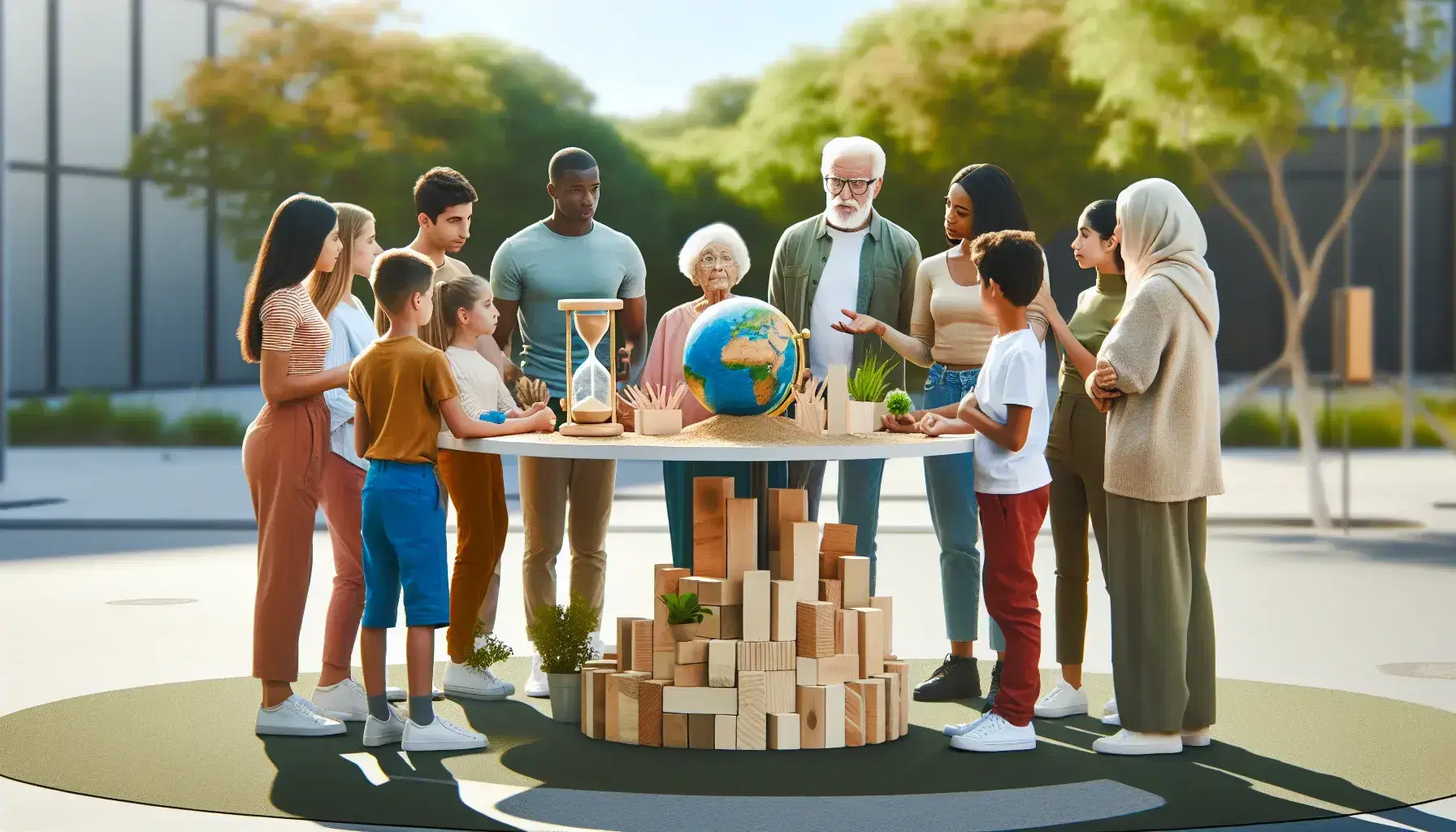 Grupo diverso de personas interactuando alrededor de una mesa con un globo terráqueo, reloj de arena y bloques de madera en un parque soleado.