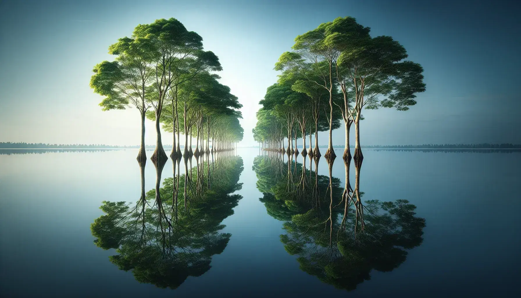 Serene lake with symmetrical tree reflections on still water, clear blue sky above, and a pebbled shoreline in soft light, embodying tranquility.