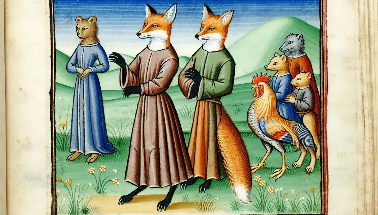 Scena medievale antropomorfa del 'Roman de Renart' con volpe parlante in abito, leone, gallo e lupo attenti, su sfondo di colline verdi e cielo azzurro.