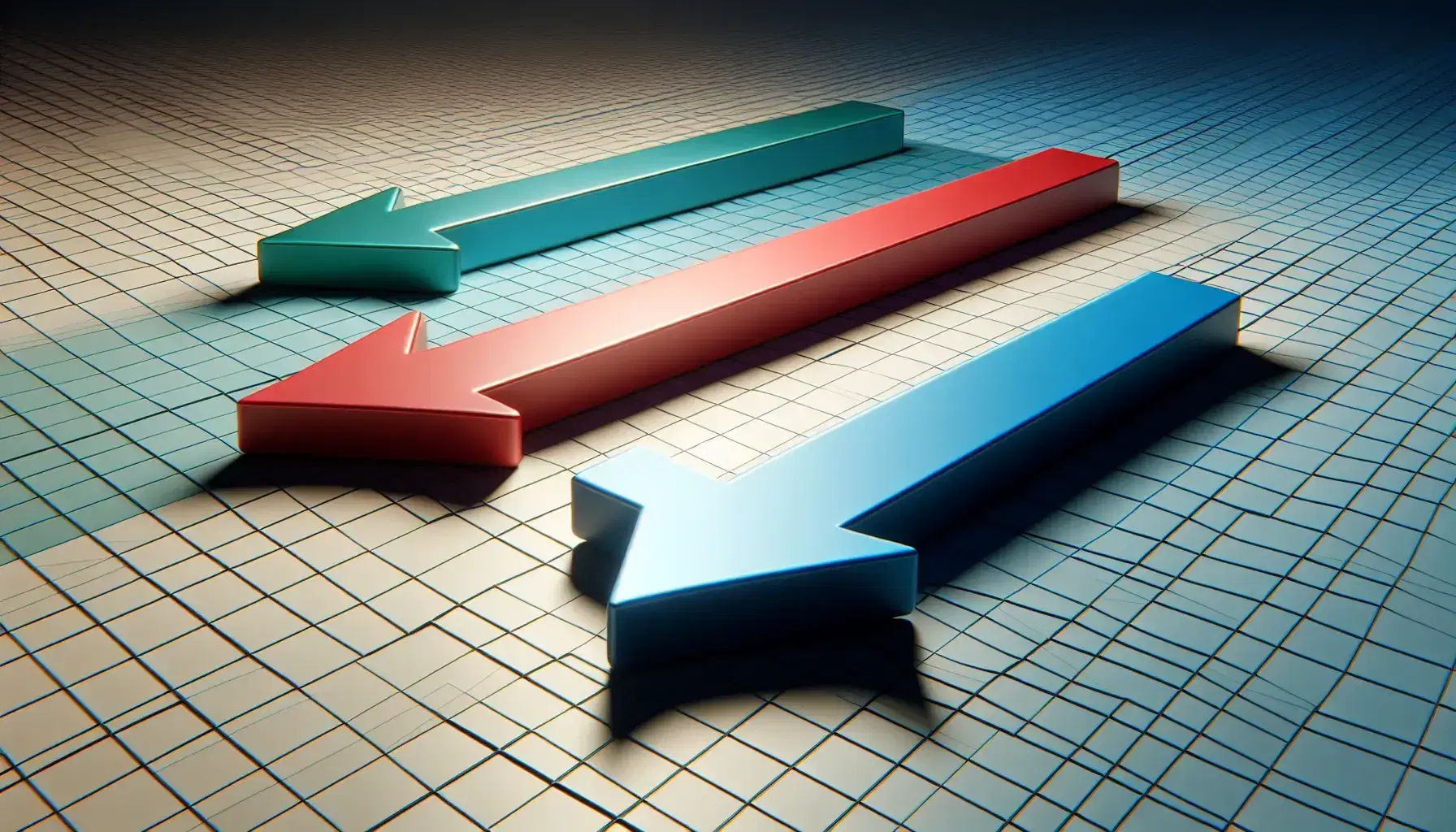Flechas tridimensionales en azul, rojo y verde apuntando en distintas direcciones sobre fondo de malla gris en perspectiva.