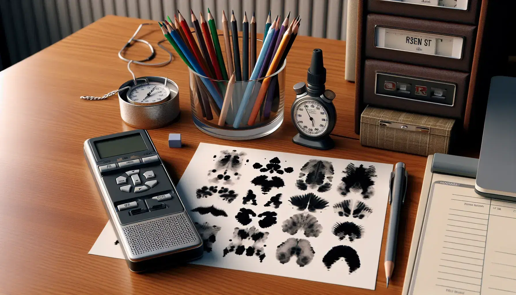 Wooden desk with tools for forensic psychology assessments: voice recorder, inkblots, stopwatch, colored pencils and folder.