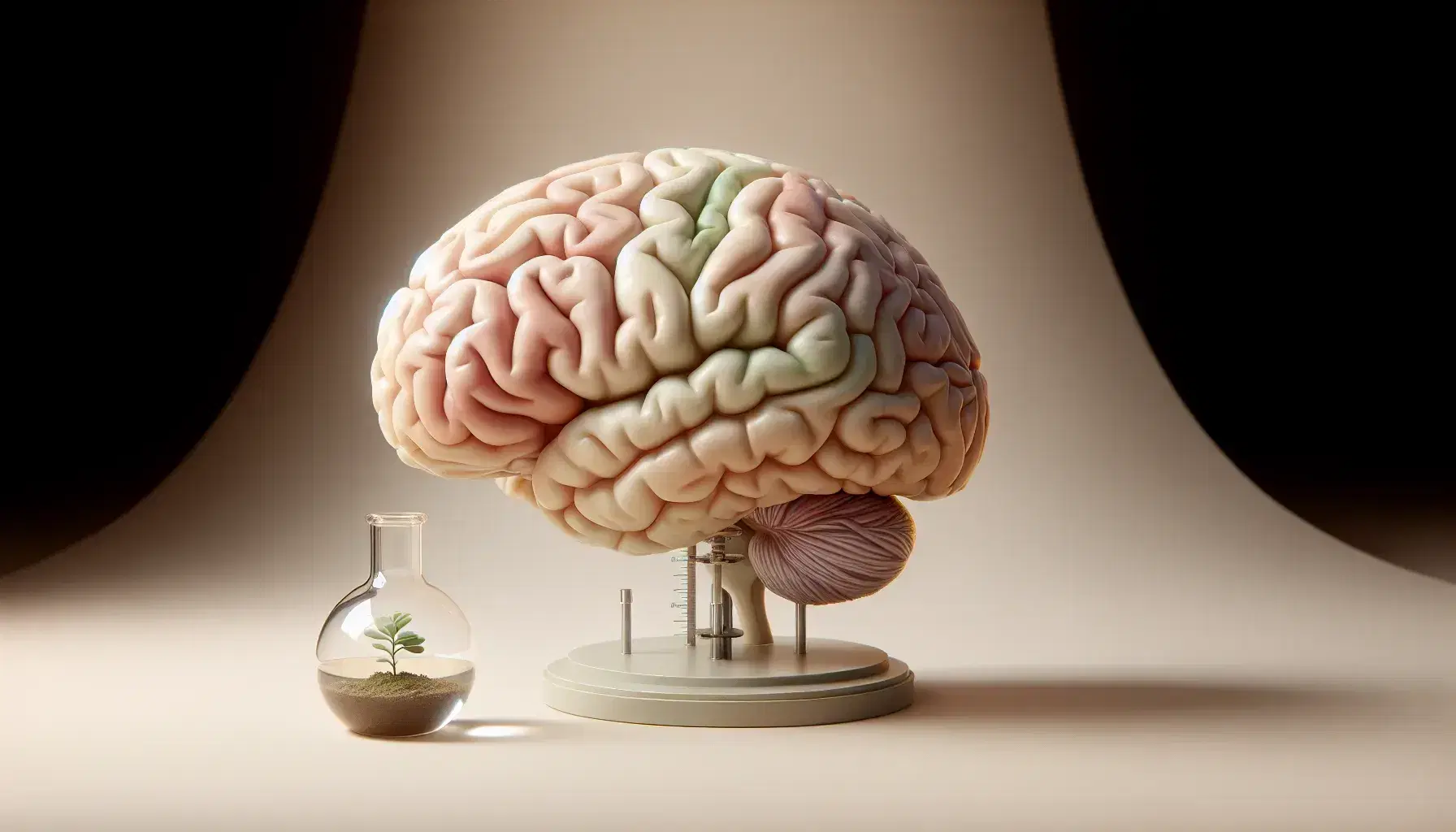Detailed model of human brain with colorful lobes, glass flask with green plant and chessboard with playing pieces on neutral background.