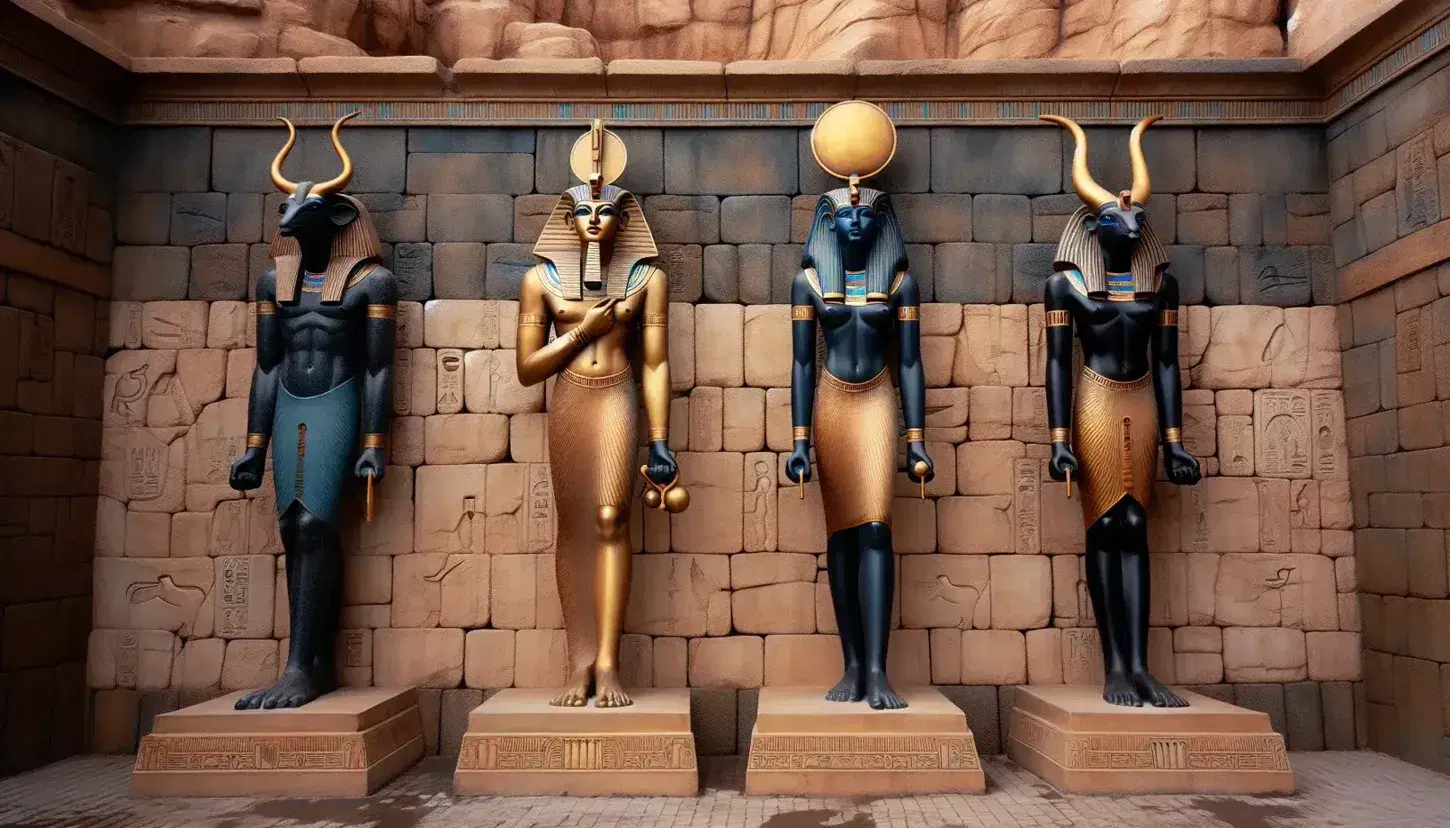 Estatuas de deidades egipcias Hathor, Thoth y Ptah en fila con fondo de pared de arenisca, destacando detalles dorados y azules bajo iluminación suave.