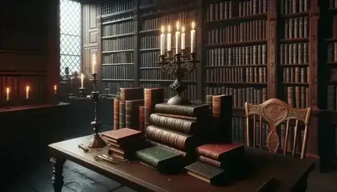 Escena de biblioteca antigua con mesa de madera oscura y candelabro de bronce iluminando libros y estantes repletos en penumbra.