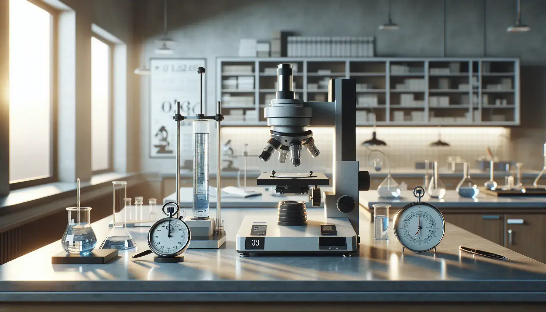 Laboratorio di fisica moderno con tavolo da lavoro, microscopio, cronometro analogico, bilancia analitica digitale e cilindro graduato con liquido blu.