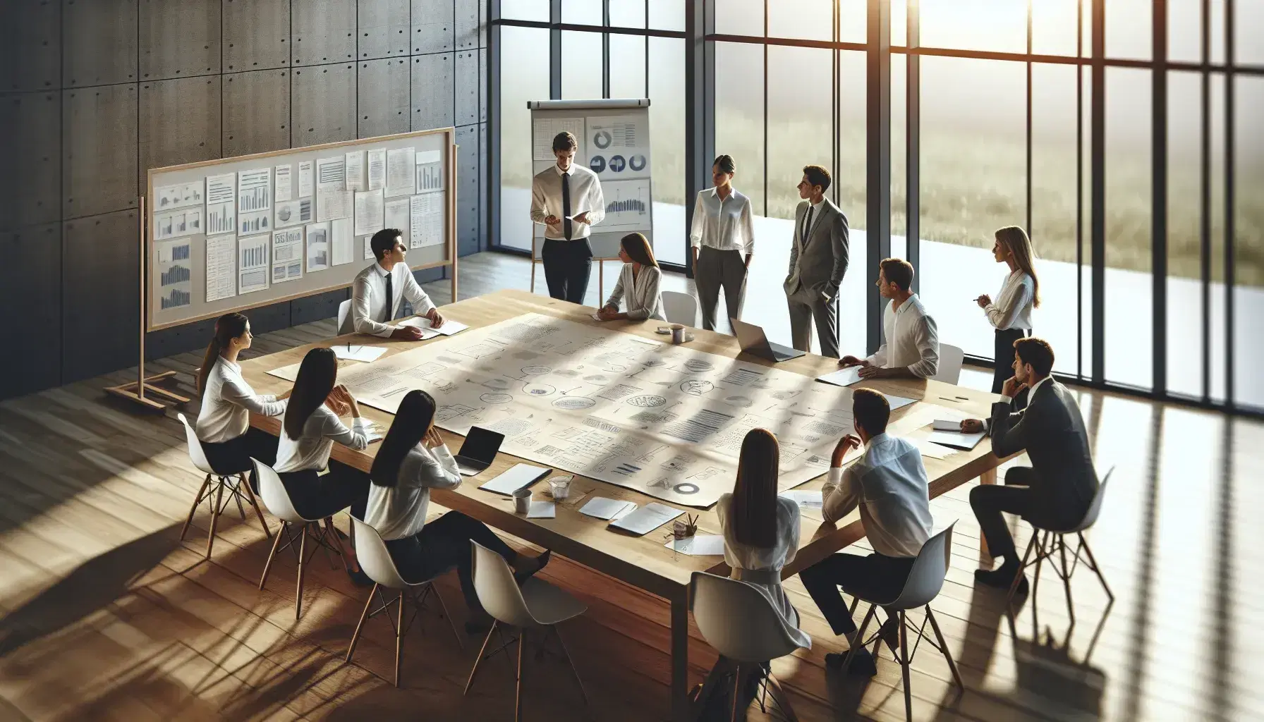 Gruppo di professionisti in abiti formali discute attorno a un tavolo con documenti e grafici, in una sala riunioni luminosa con lavagna bianca.