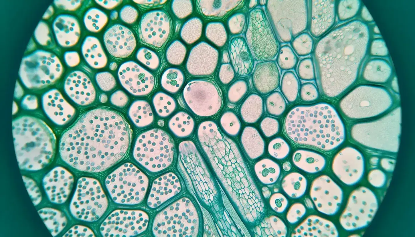 Vista microscópica de tejido vegetal en sección transversal mostrando células poligonales con paredes gruesas y núcleos oscuros, conectadas por plasmodesmos.