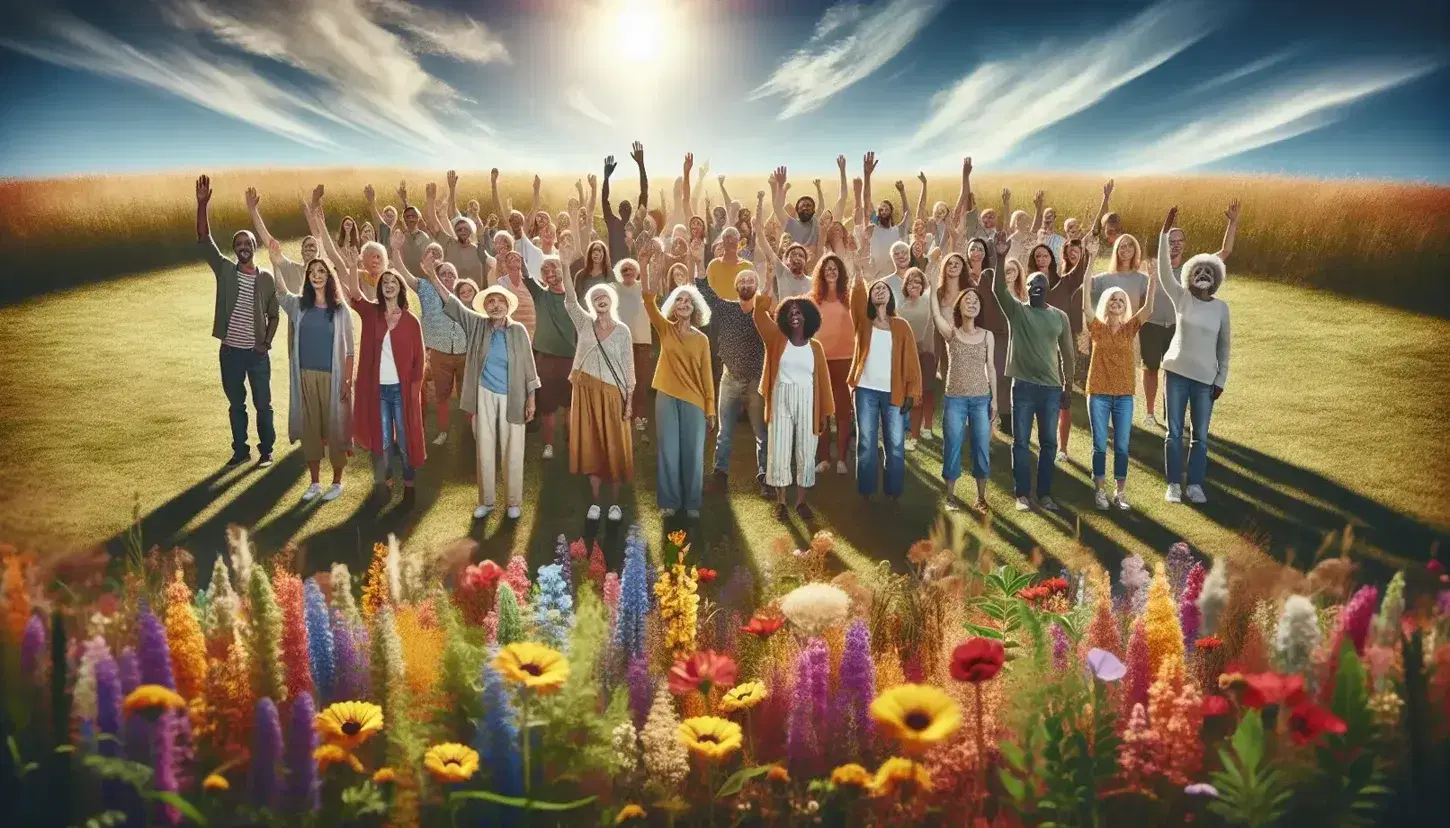Grupo diverso de personas sonriendo y levantando las manos en un campo con flores silvestres bajo un cielo azul claro.