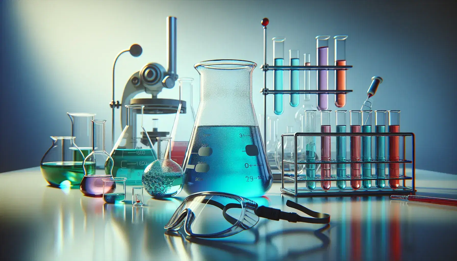 Science laboratory with beaker of bright blue liquid, safety glasses, Bunsen burner and colored test tubes on workbench.
