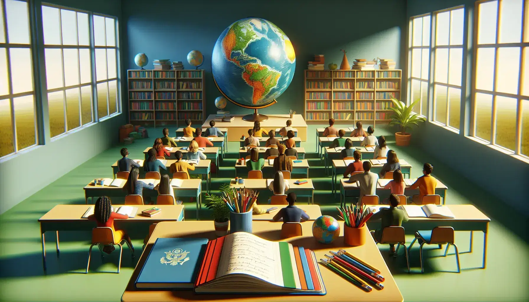 Diverse students in a classroom engage in a lesson, seated in a semi-circle around a globe and colorful textbooks, with notebooks and pens on desks.