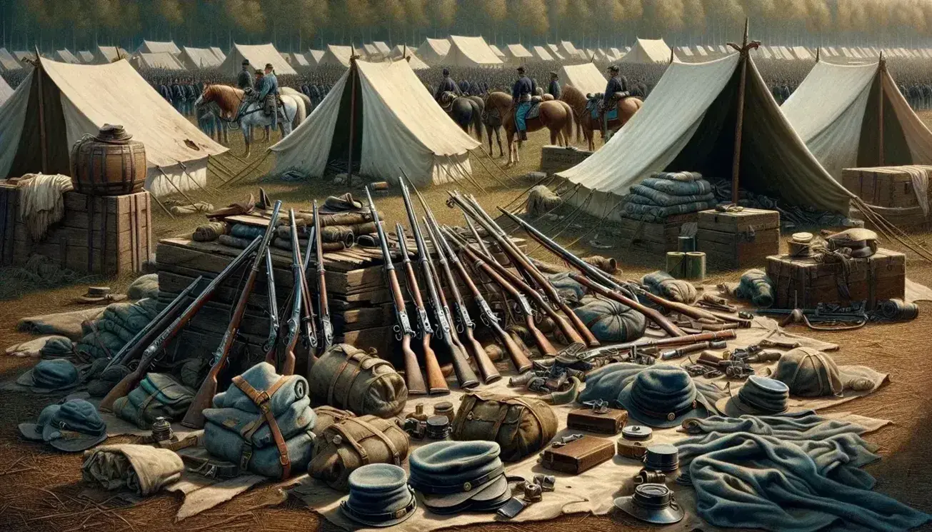 Civil War battlefield scene with scattered soldiers equipment, messy tents and grazing horses against background of green trees and blue sky.