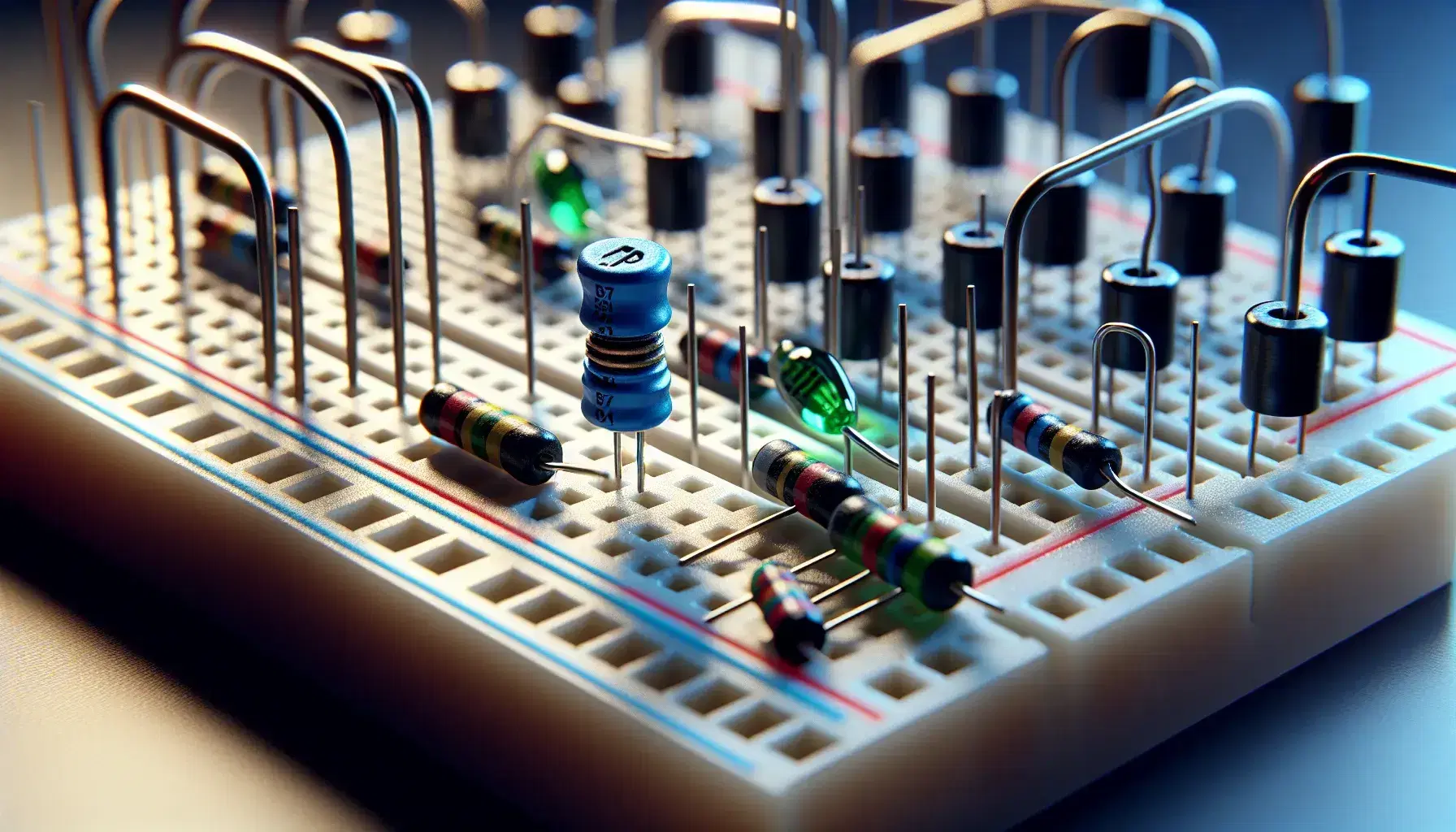 Close-up view of a breadboard with a blue capacitor, resistor with red-green-yellow bands, green LED, and red-black wires, arranged neatly.