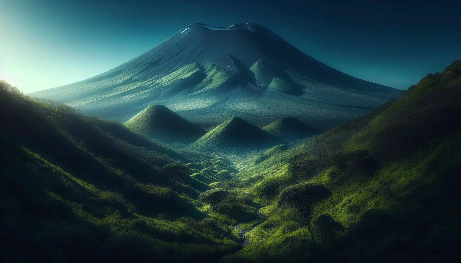 Vesuvio imponente con cratere visibile, pendii verdi del Parco Nazionale e sentieri serpeggianti, cielo azzurro sereno.