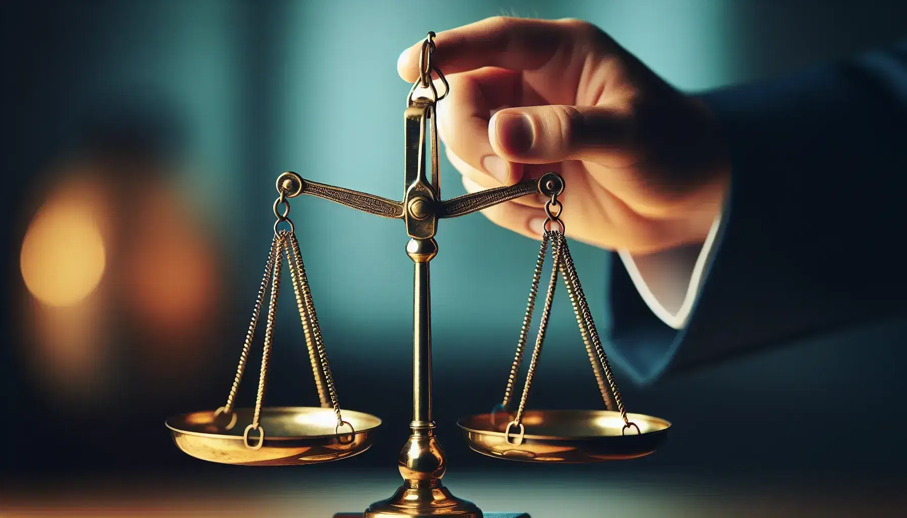 Hand holding a poised brass mechanical balance scale with empty pans in equilibrium, against a soft-focus blue and green background.