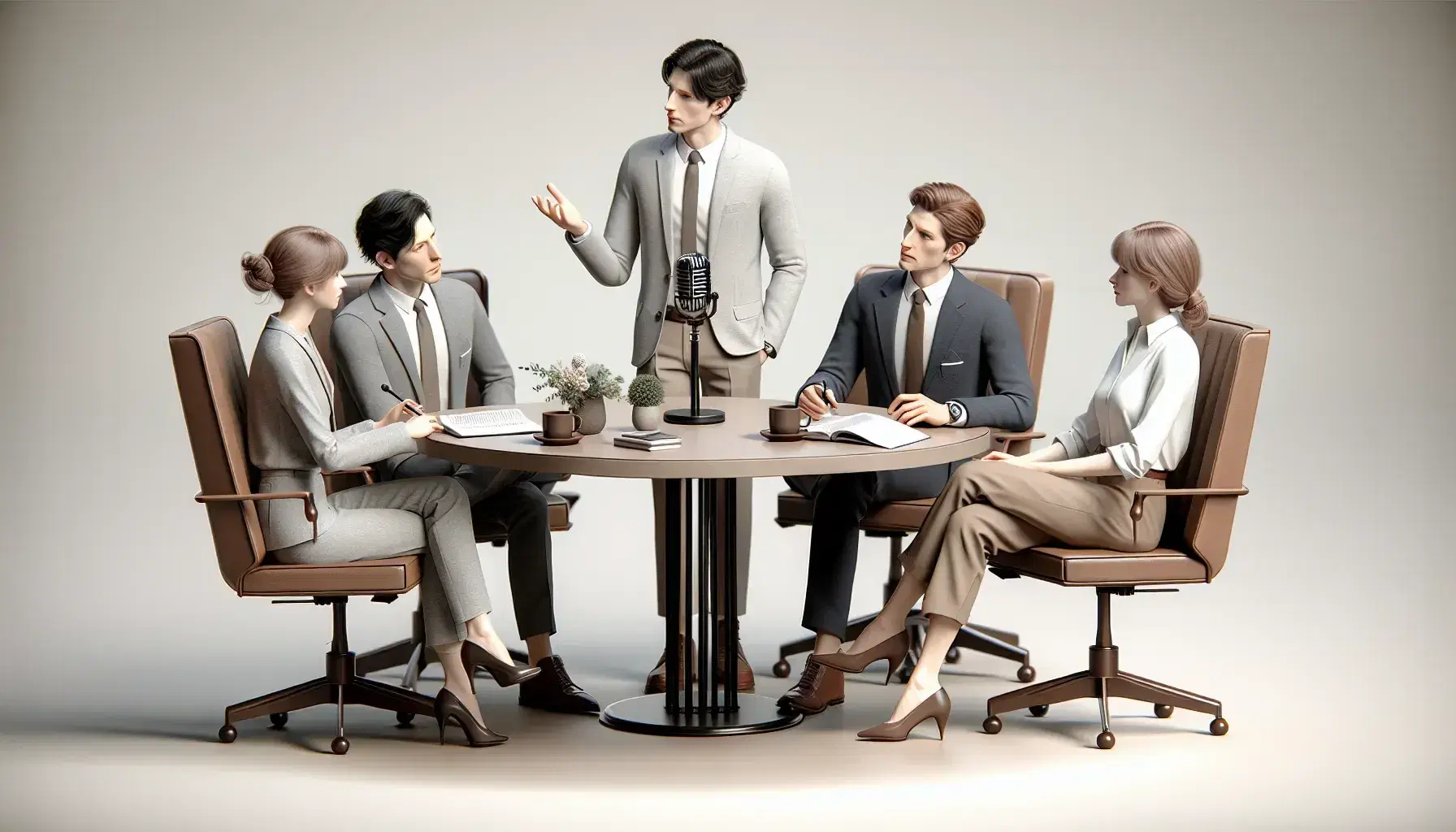 Cuatro profesionales en reunión, uno de pie gestualizando y tres sentados atentos, alrededor de una mesa con micrófono y tazas de café.
