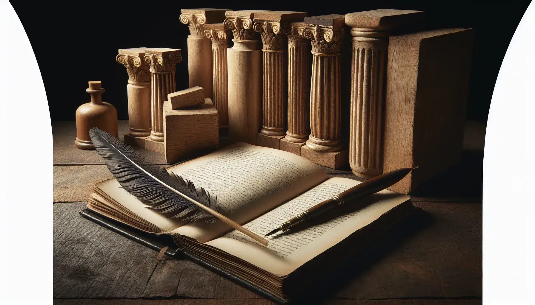 Libro antiguo abierto sobre mesa de madera oscura con pluma de ave negra y bloques de madera tallados en forma de columnas clásicas alineados a un lado.