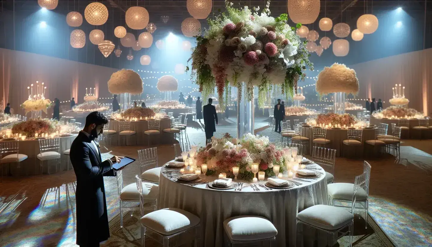 Tavolo rotondo con tovaglia bianca e centrotavola floreale in sfumature di rosa, sedie abbinate e wedding planner con tablet in un ricevimento nuziale elegante.