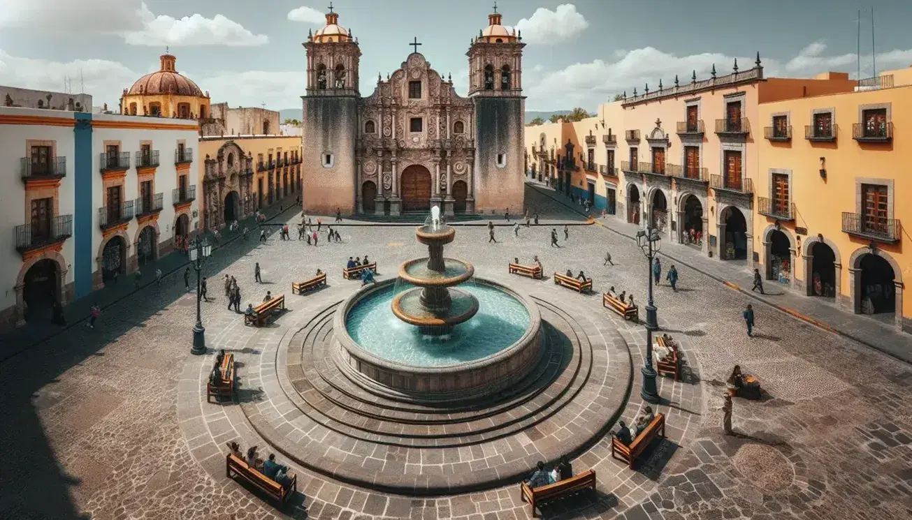 Vista panorámica de una plaza colonial en México con fuente de piedra, iglesia beige con torre y cúpula, y edificios pastel, bajo un cielo azul con nubes.