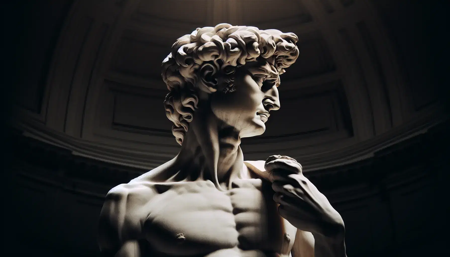 Statua del David di Michelangelo in marmo bianco, vista laterale con enfasi su viso e torso muscoloso, in ambiente sfocato.