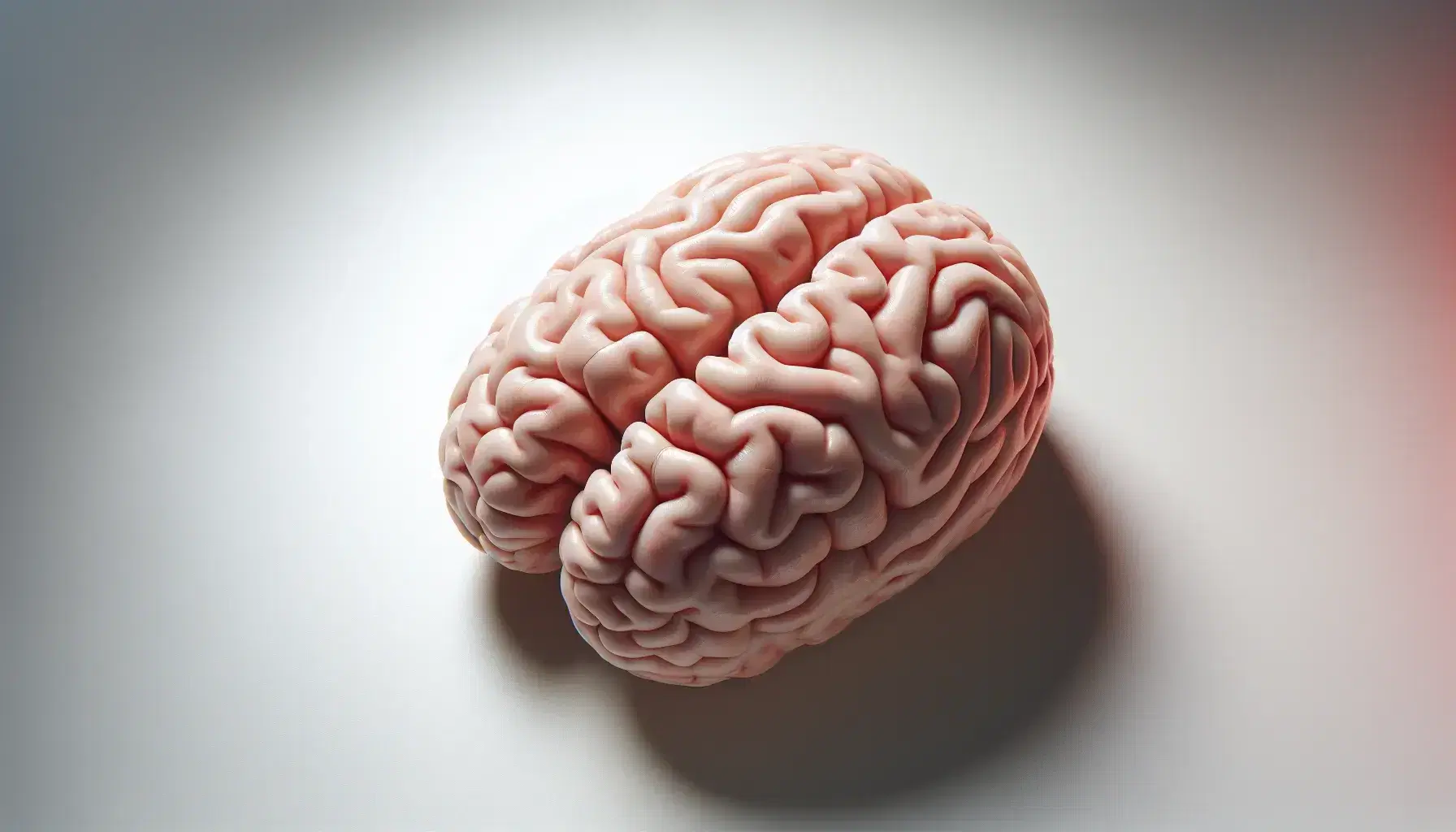 Vista superior detallada del cerebro humano enfocando el cerebelo de textura finamente plegada y tono rosado-grisáceo, sobre fondo neutro.