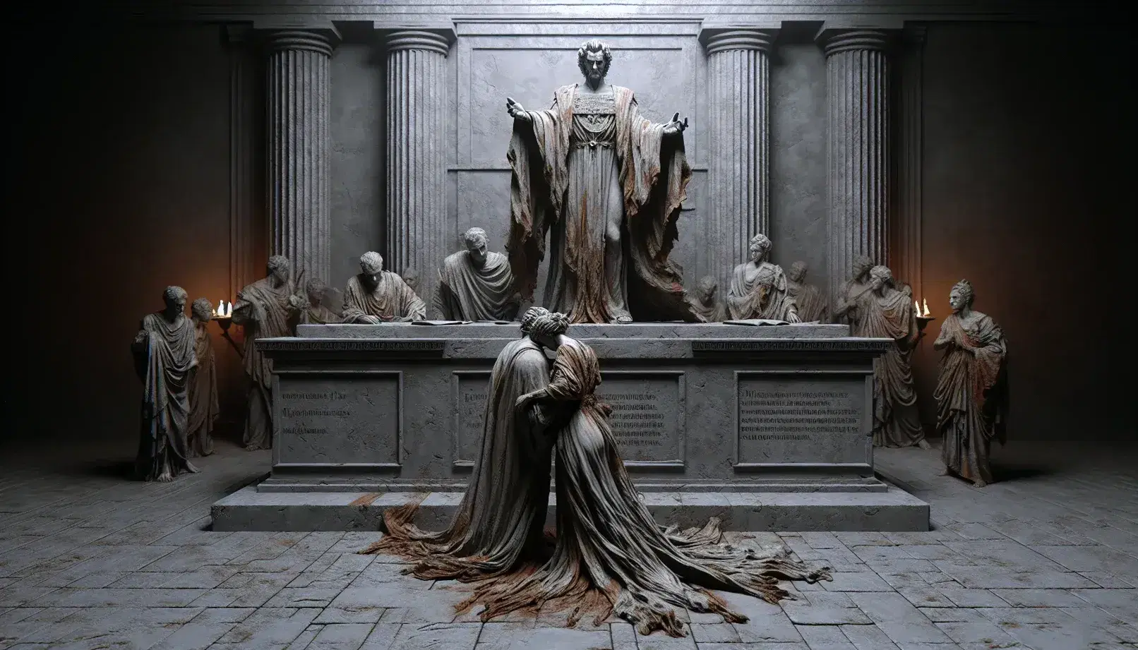 Giudice in toga su podio in aula antica con coppia abbracciata ai suoi piedi, vesti logore, ambiente buio e ombre drammatiche.
