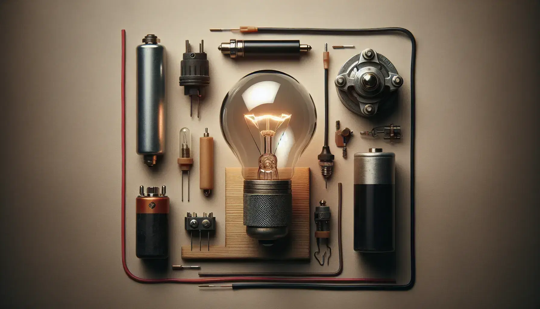 Bombilla incandescente encendida con filamento visible, conectada a cables rojo y negro, junto a batería cilíndrica y motor eléctrico sobre base de madera, con fondo de cables multicolores.