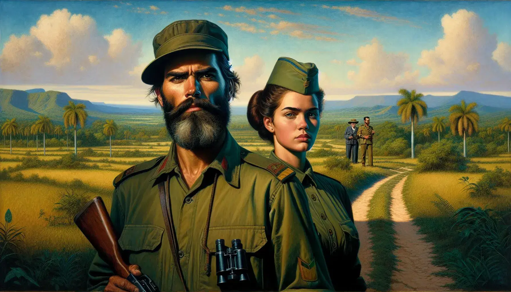 Rural Cuban landscape with three revolutionaries in olive uniforms, the bearded man in a cap, woman with rifle, man with binoculars, under a blue sky.