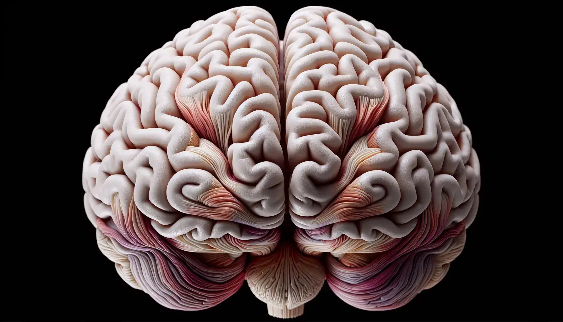 Vista superior detallada del cerebro humano en 3D con texturas realistas y colores que resaltan surcos y giros corticales, iluminación suave enfatizando su estructura tridimensional.