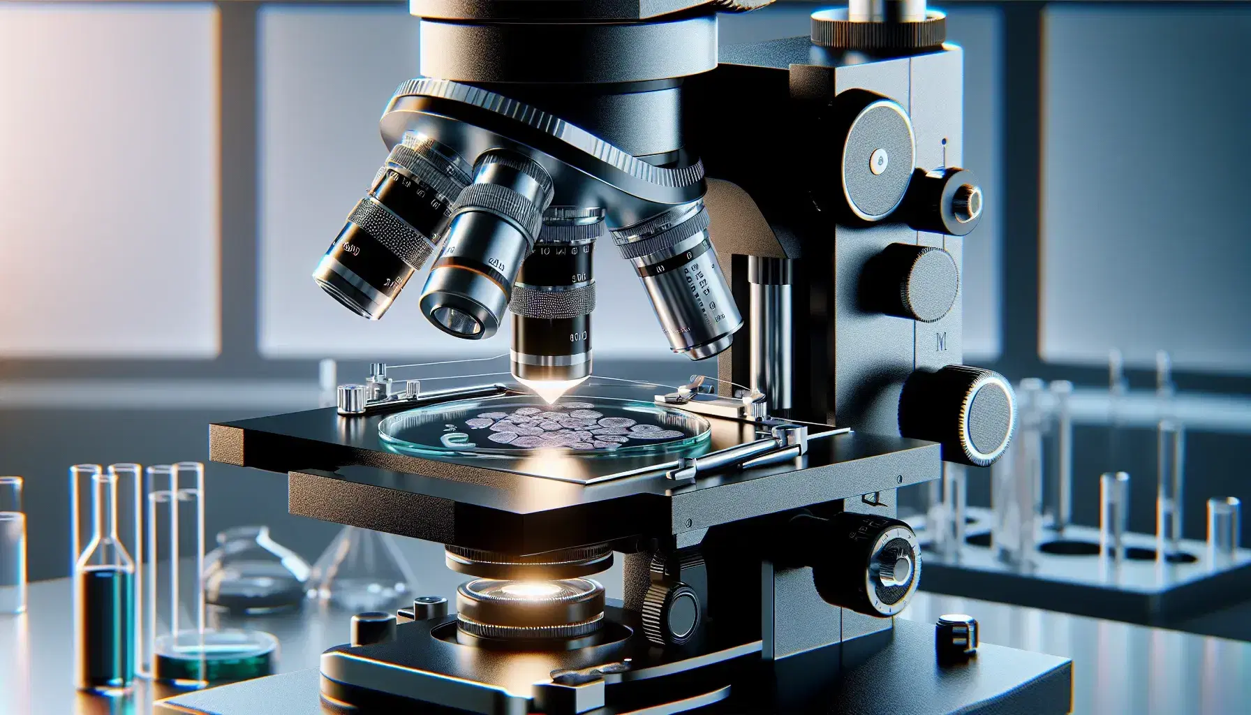 Microscopio óptico moderno enfocado en torreta con objetivos y muestra en portaobjetos iluminada, en laboratorio difuminado.