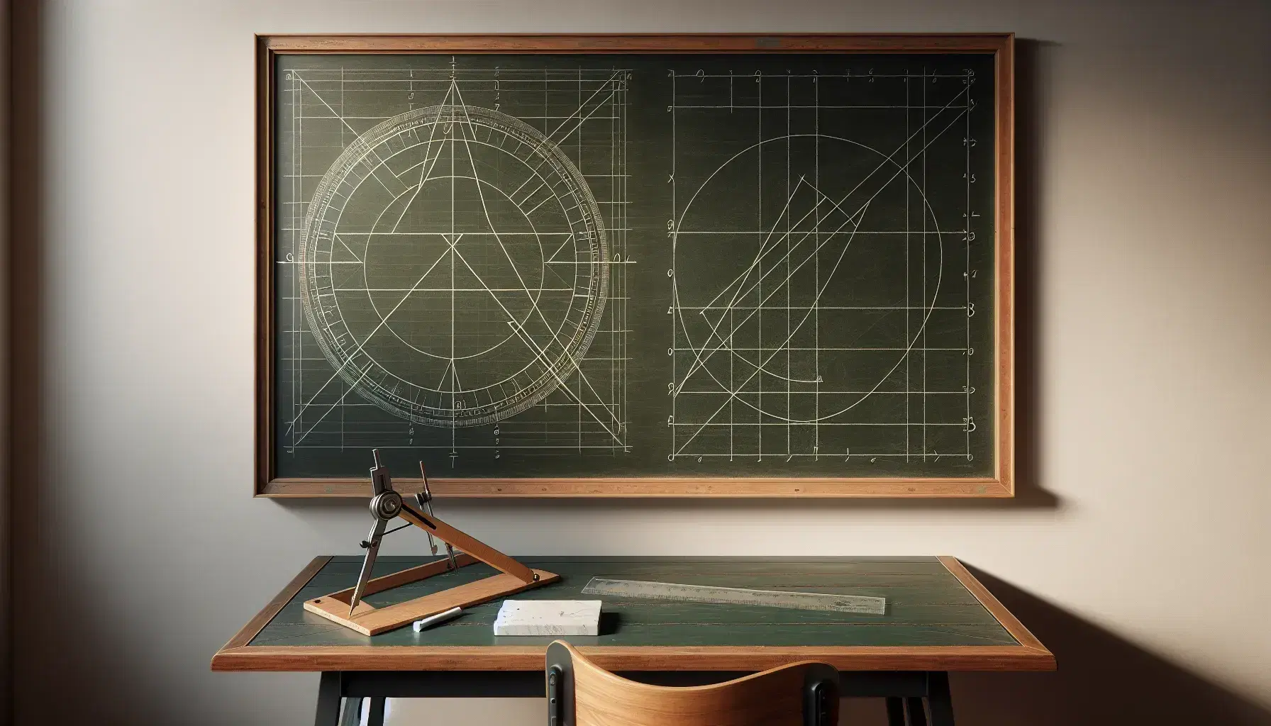 Pizarra verde con figuras geométricas y útiles de dibujo técnico sobre mesa de madera en aula de matemáticas.