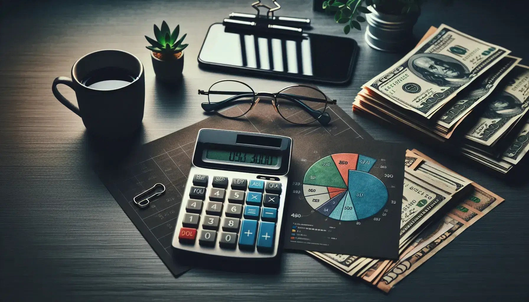 Escritorio de madera oscuro con calculadora, billetes de colores, smartphone apagado, gráfico circular, gafas metálicas, planta y taza de café con vapor.