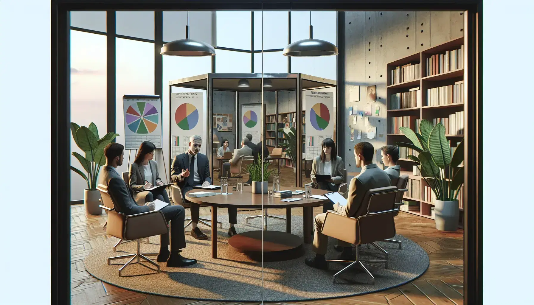 Modern office environment for psychological research with round table, people in discussion, colorful graphs, one-way mirror and bookcase.