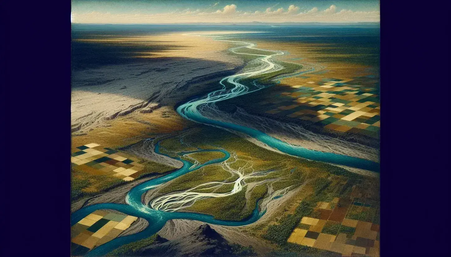 Pianura alluvionale con fiume sinuoso, vegetazione rigogliosa, campi coltivati variopinti e zona vulcanica scura senza vita.
