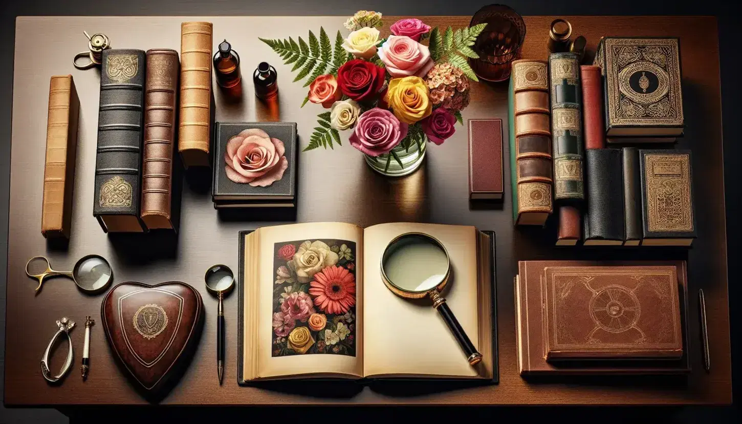 Organized desk with open book, vase of assorted flowers in full bloom and vintage magnifying glass on leather books.