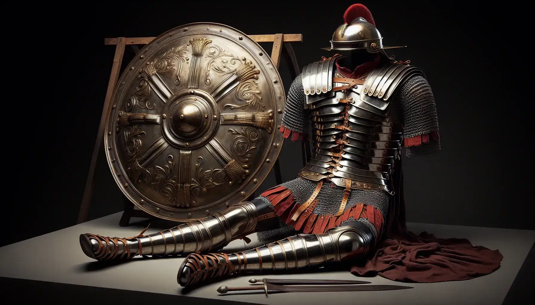 Armatura romana antica su manichino senza testa con elmo bronzeo e cresta rossa, pettorale a piastre, tunica rossa, schinieri e calzari in cuoio.
