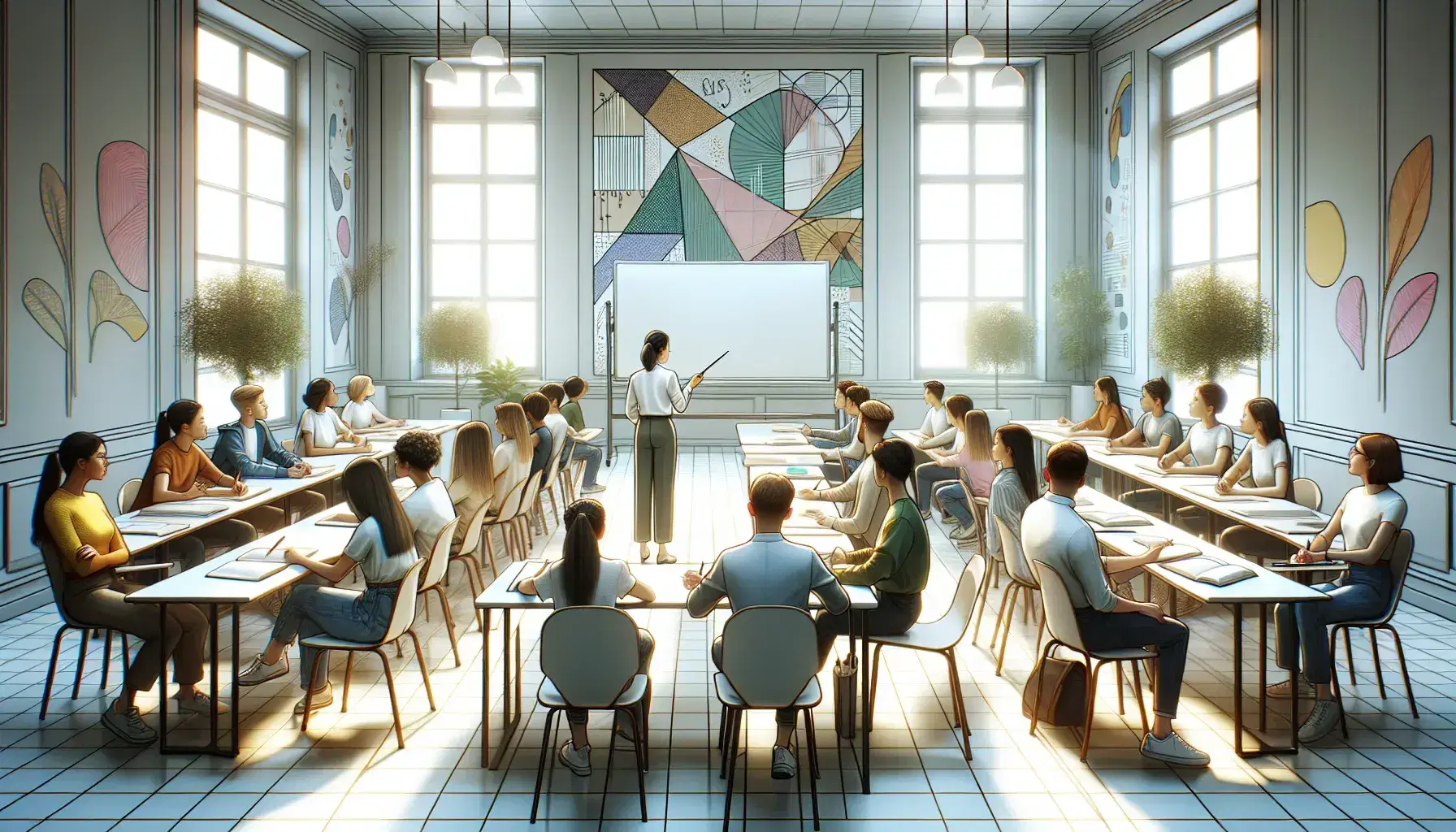Modern classroom with diverse students seated in a semi-circle around a teacher gesturing in front of a whiteboard, with colorful wall art and greenery.