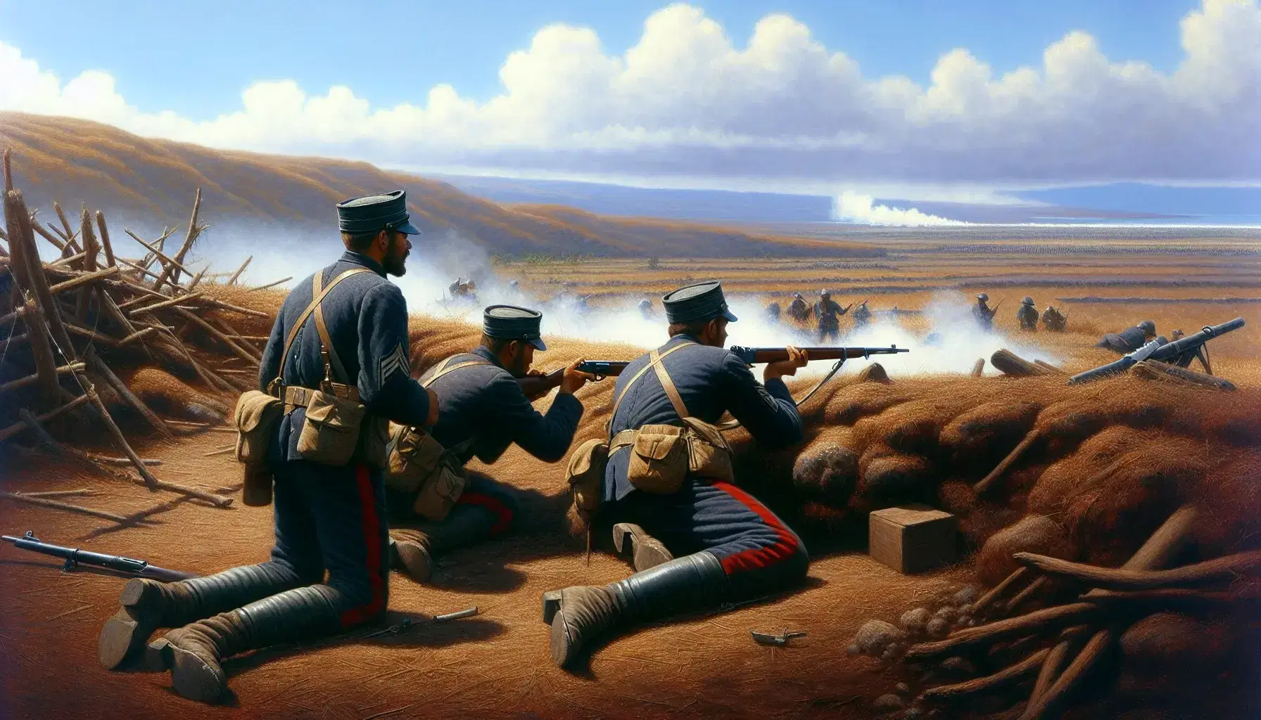 Soldados en uniformes de la Guerra del Pacífico con chaquetas azules y pantalones rojos en un campo de batalla, uno arrodillado con fusil y bayoneta, otros de pie, con humo de combate al fondo y colinas suaves bajo un cielo claro.