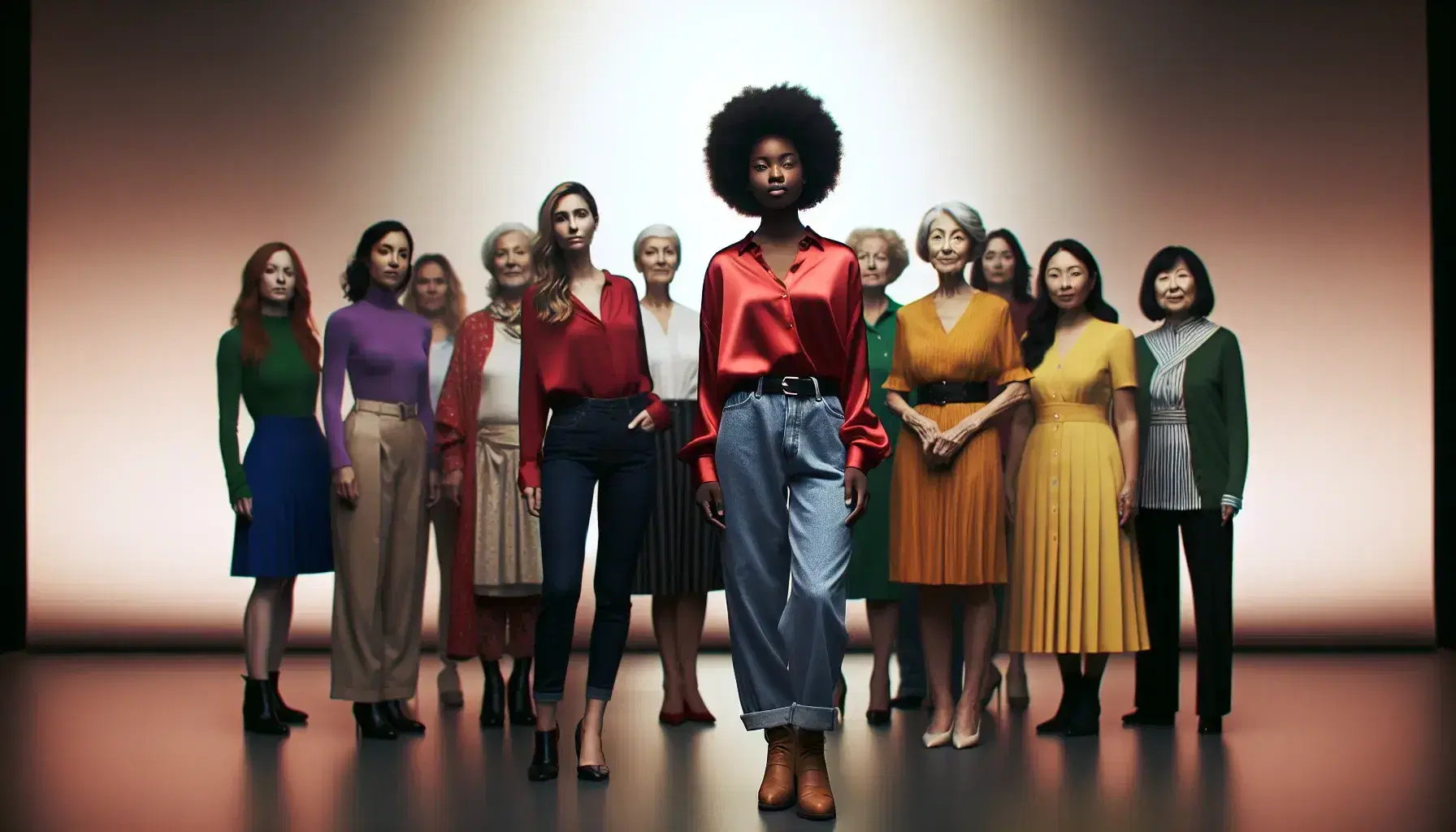 Multi-ethnic group of women of different ages posing together, with a young black woman in the foreground, expressing strength and inclusiveness.