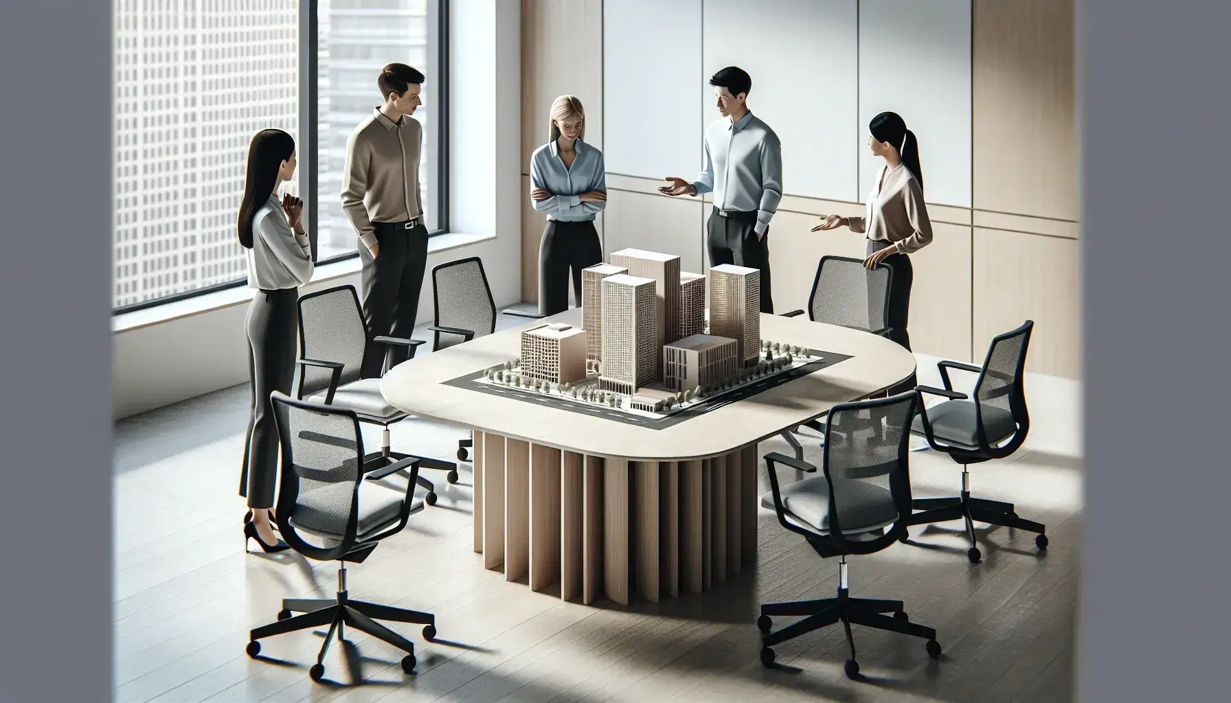 Grupo de cinco profesionales en sala de reuniones moderna discutiendo un modelo arquitectónico de edificios, con amplia ventana al fondo.