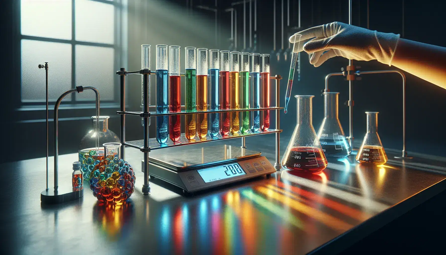 Laboratorio chimico con provette colorate in fila, bilancia analitica, becher con liquido incolore e mano con guanto che versa da bottiglia.
