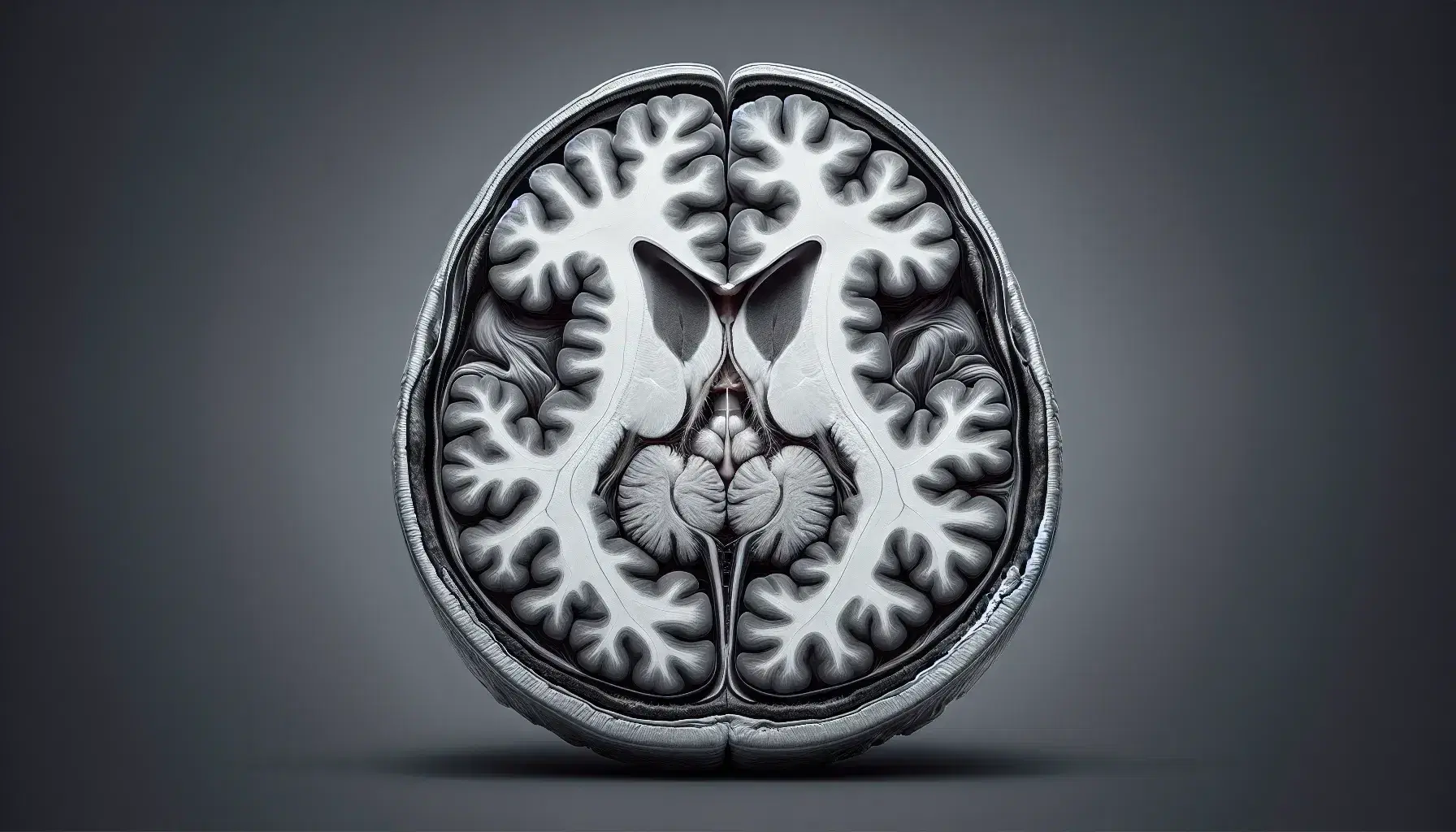 High resolution MRI scan of the human brain in sagittal section, with ventricular system and details of brain structures.
